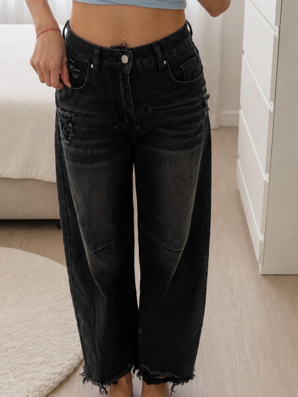 SHEIN Black Distressed Wide-Leg High-Rise Jeans